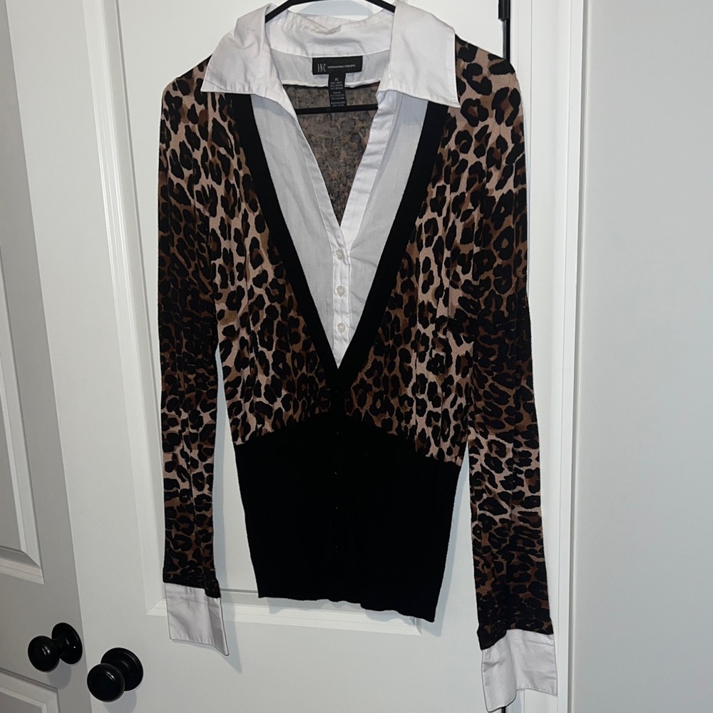 INC International Concept Leopard Print V-Neck Cardigan w/ Faux Shirt Detail XL